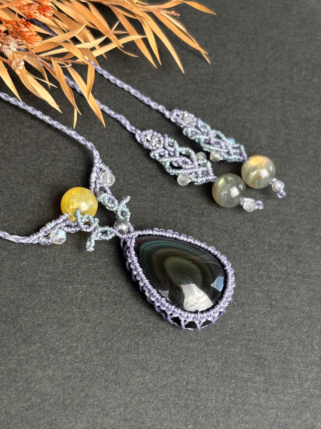 ご予約済｜レインボーオブシディアン マクラメペンダントネックレス｜天然石