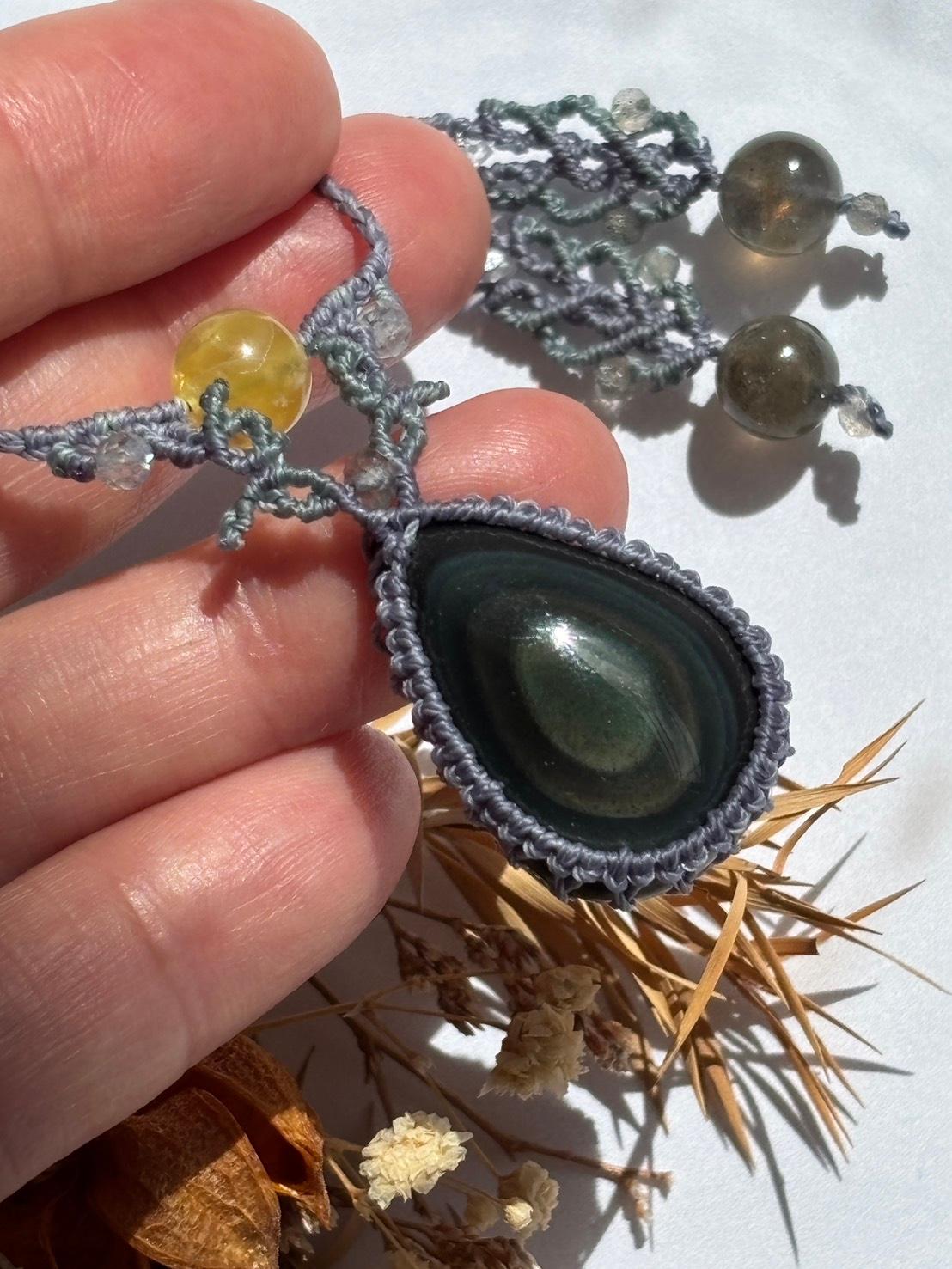 ご予約済|レインボーオブシディアン マクラメペンダントネックレス|天然石 | 14枚目