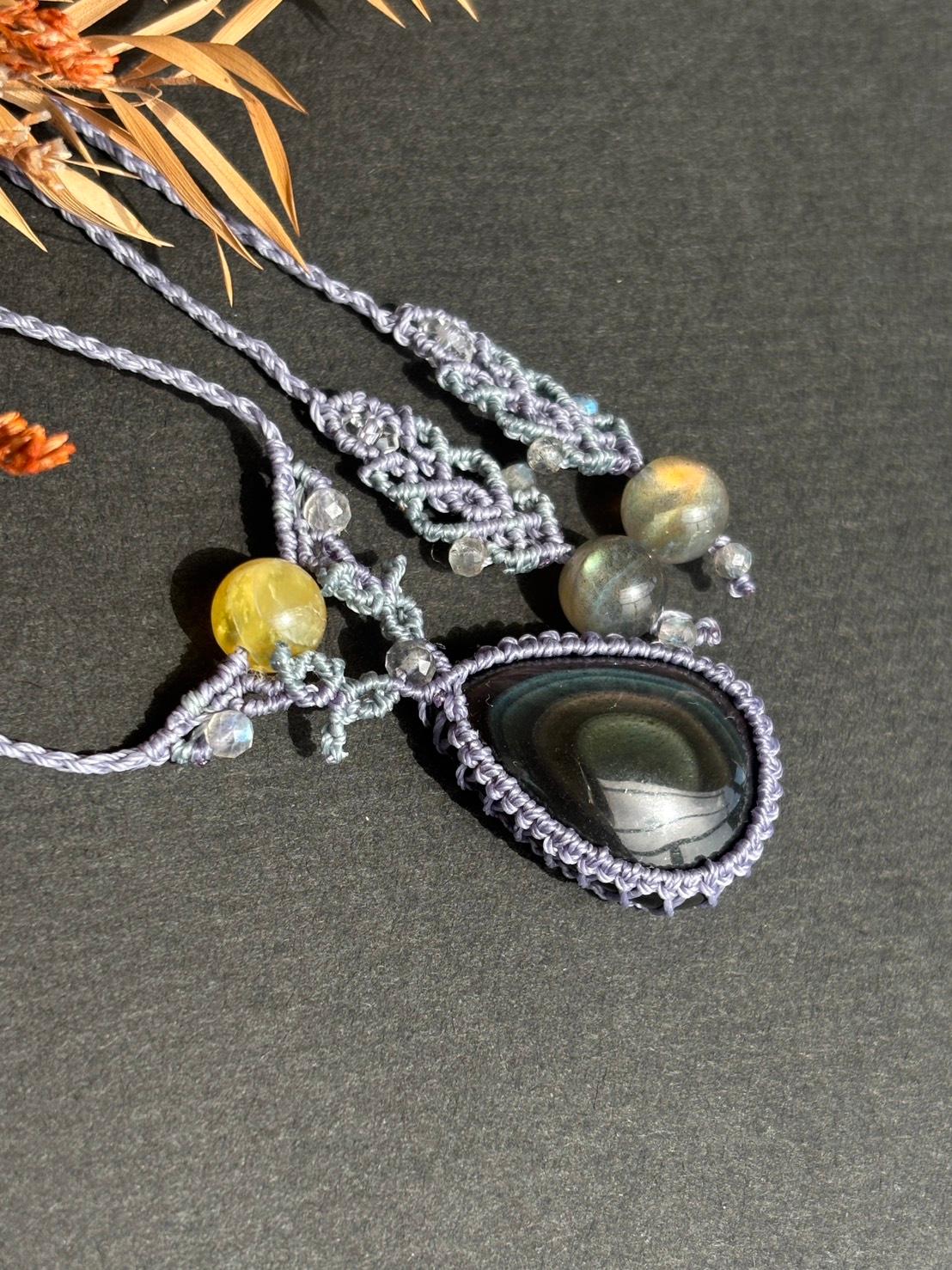 ご予約済|レインボーオブシディアン マクラメペンダントネックレス|天然石 | 6枚目